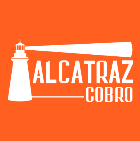 Logotipo de la marca Alcatraz Cobro en un fondo de color naranja.